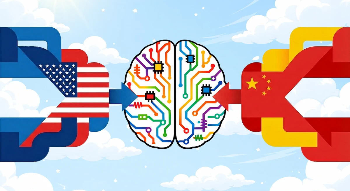 Blue arrow from US flag and red arrow from Chinese flag feed into a colorful circuit-board brain.