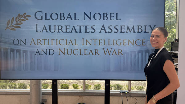 As a student in Professor Gerard Powers' summer Rome course on Catholic approaches to war and peace, junior Lillian Post had the opportunity to attend the Global Nobel Laureates Assembly on AI and Nuclear War.