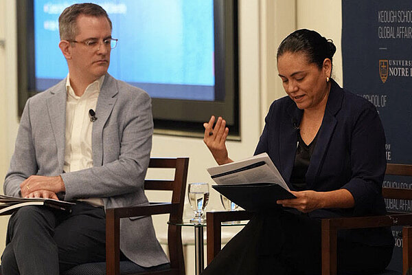 Keough School faculty member Abby Cordova, right, speaks during a Washington, D.C. convening to share the newly published 2026 AmericasBarometer report. Photo credit: Matt Mendelsohn.