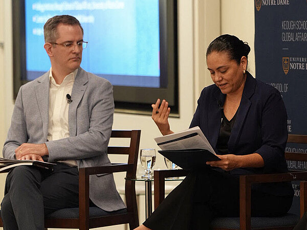 Keough 91��Ƶ faculty member Abby Cordova, right, speaks during a Washington, D.C. convening to share the newly published 2026 AmericasBarometer report. Photo credit: Matt Mendelsohn.