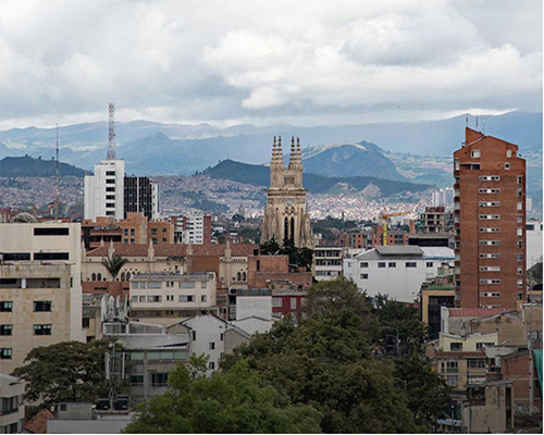 Cityscape of Bogota, Colombia with mountains in background