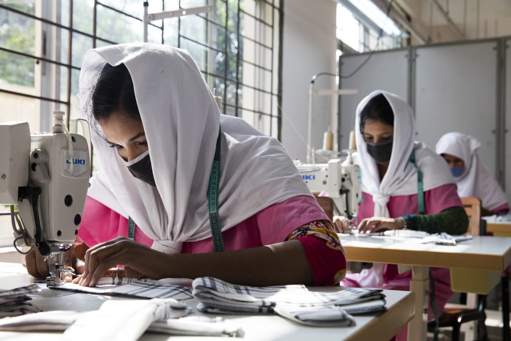 Young Bangladeshi women being trained at the Savar Export Processing Zone training center in Dhaka, Bangladesh.