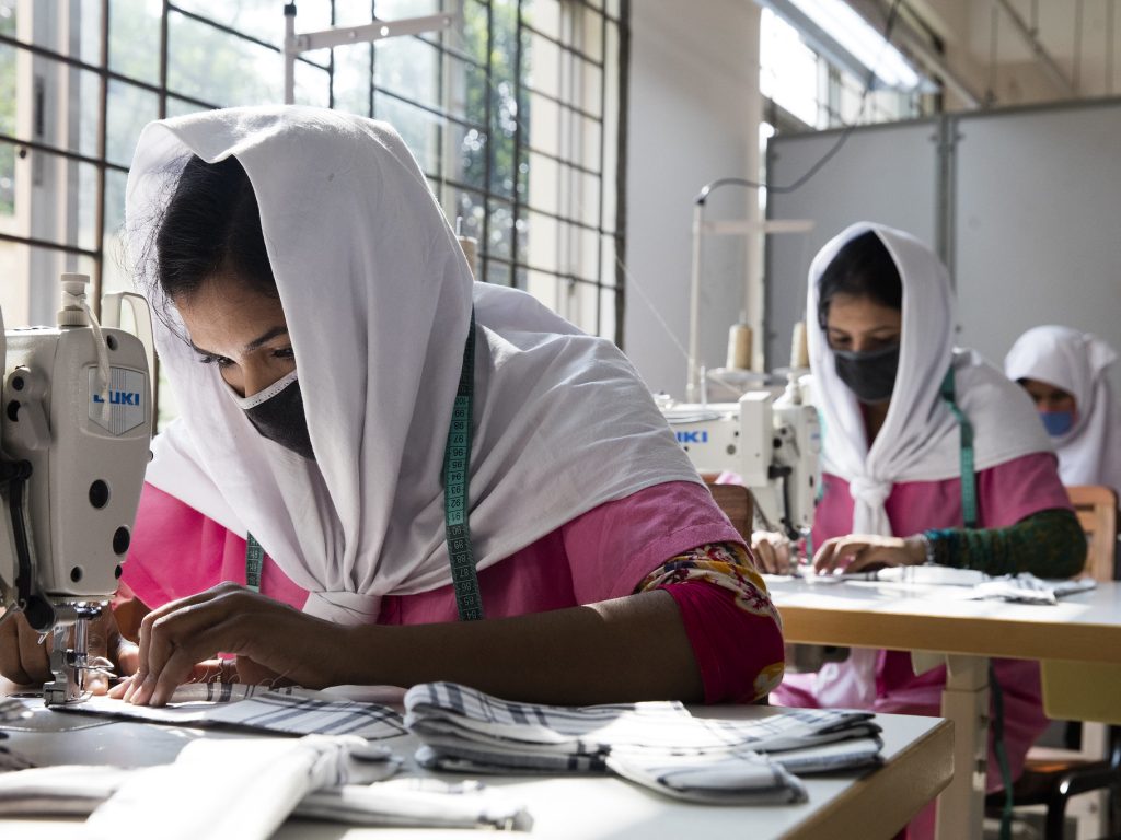 Young Bangladeshi women being trained at the Savar Export Processing Zone training center in Dhaka, Bangladesh.
