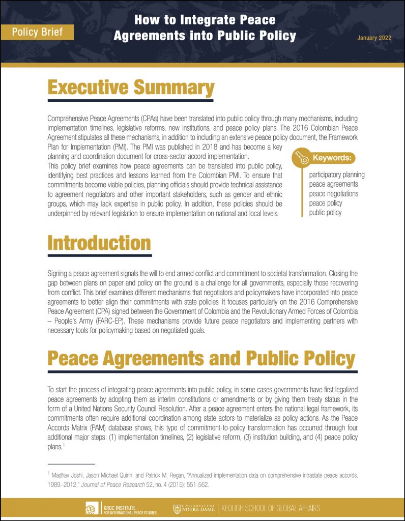 Cover image: How to Integrate Peace Agreements into Public Policy