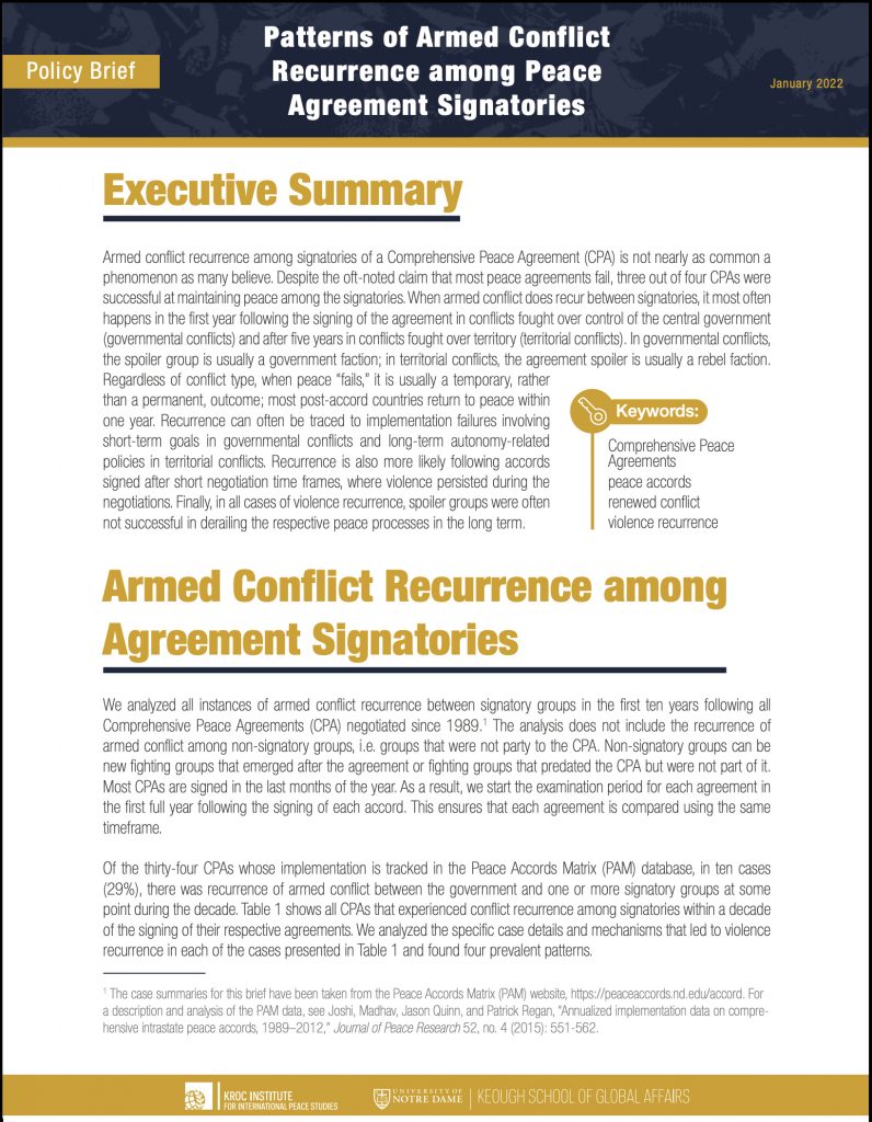 Cover image: Patterns of Armed Conflict Recurrence among Peace Agreement Signatories