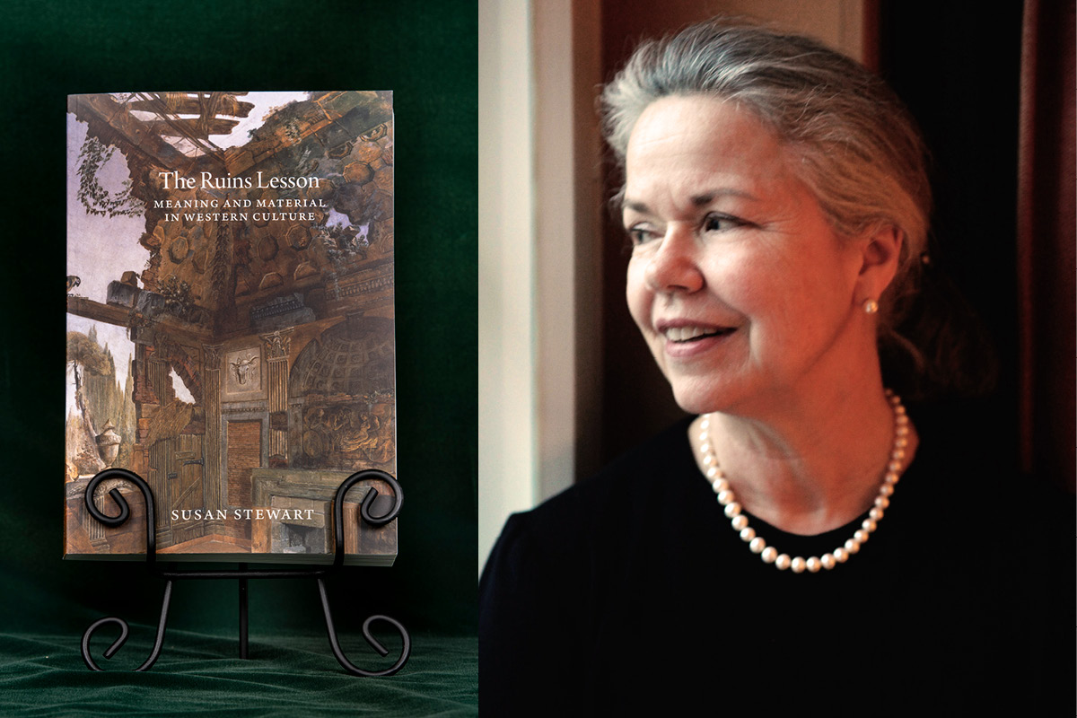 Left, A book cover that reads The Ruins Lesson. Right, Susan Stewart