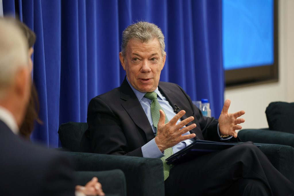 Former Colombian President Juan Manuel Santos speaks to an audience at the Keough School of Global Affairs in Washington, DC
