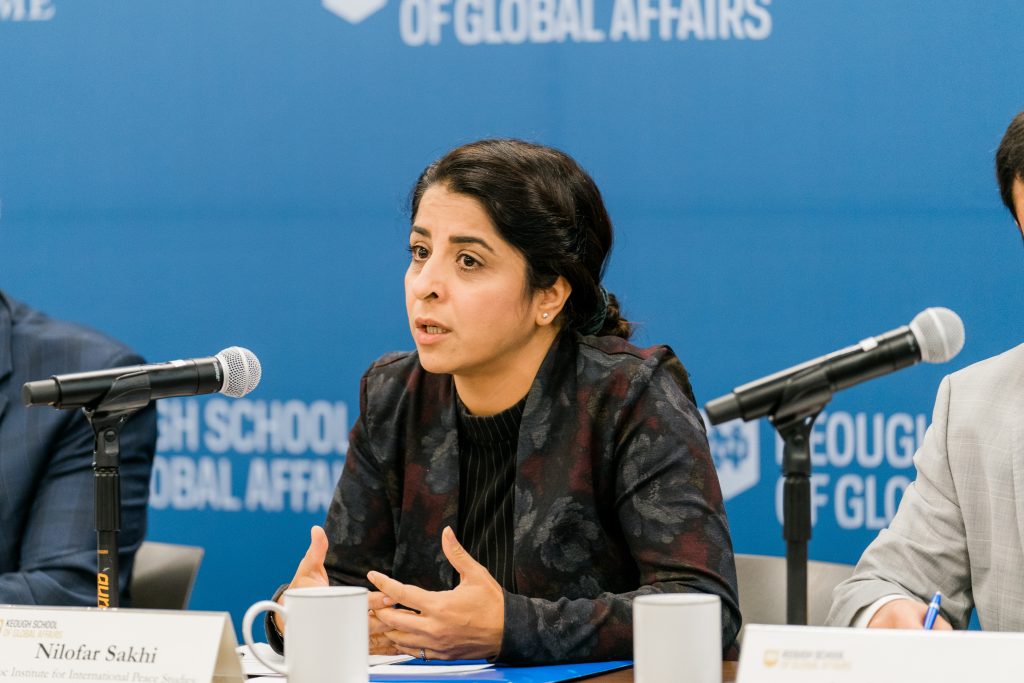 Panelist Nilofar Sakhi outlines the need for a people-centered approach to international development in Afghanistan during a recent Notre Dame panel discussion in Washington, DC.