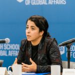 Panelist Nilofar Sakhi outlines the need for a people-centered approach to international development in Afghanistan during a recent Notre Dame panel discussion in Washington, DC.