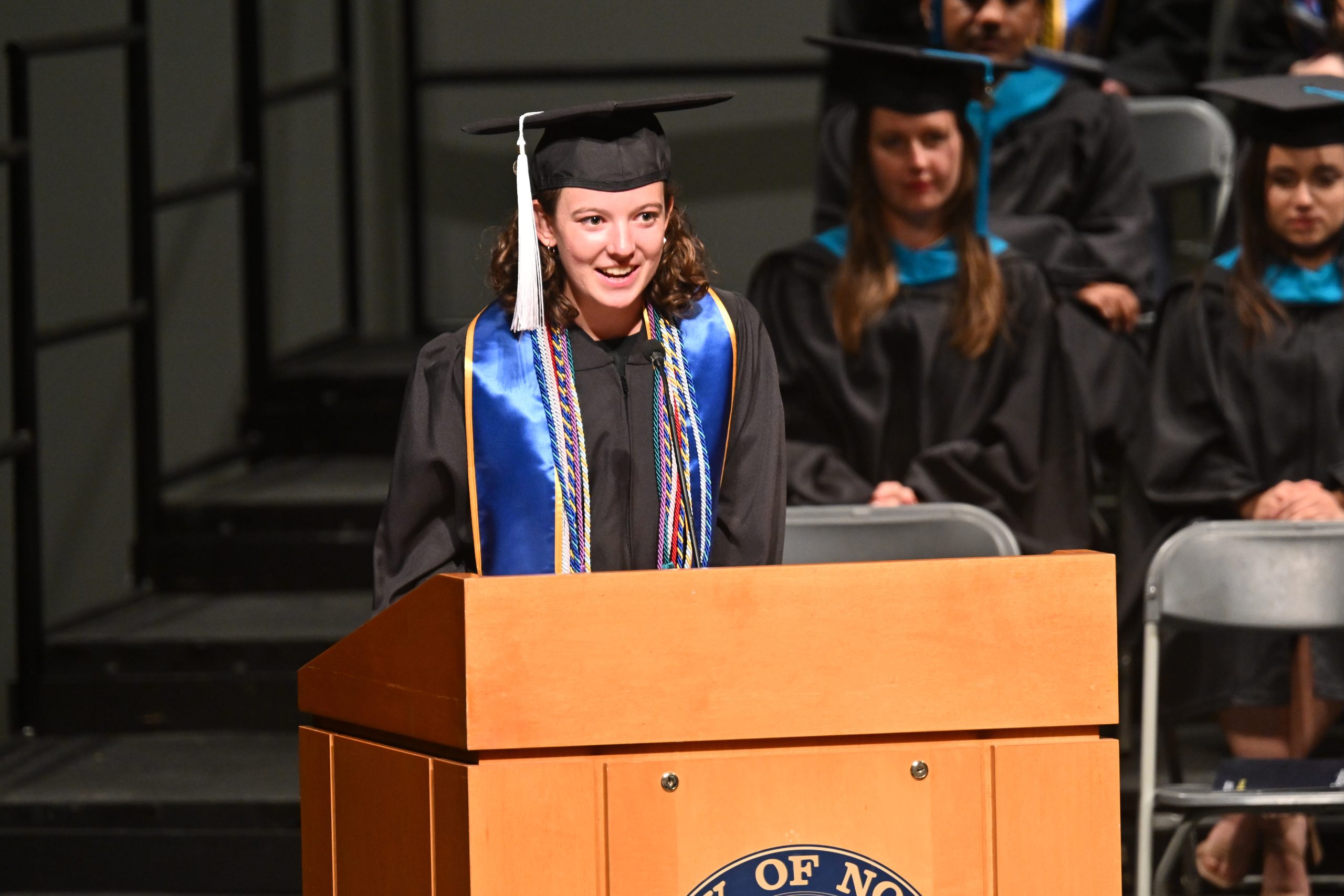 Economics and global affairs major Hannah Reynolds addresses the Keough School graduates.