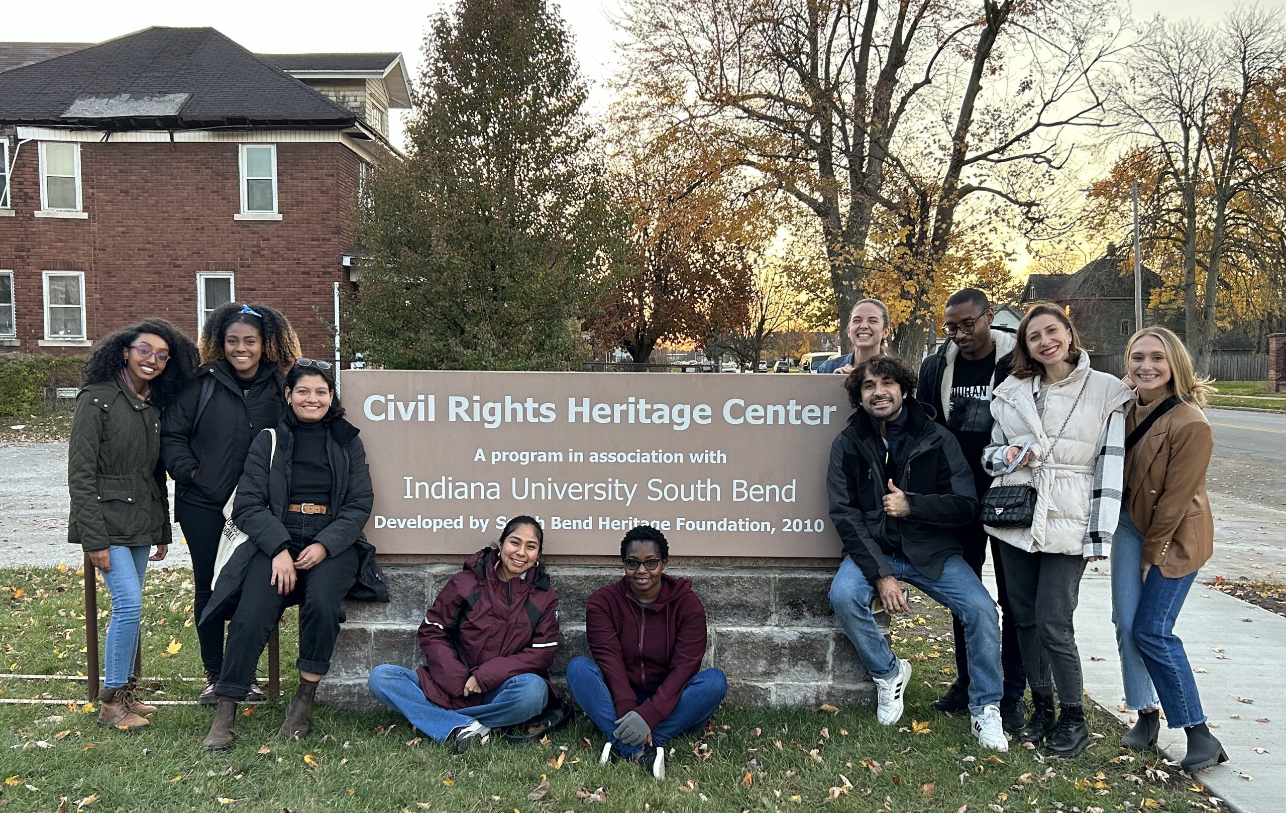 group of students in front of south bend civil rights heritage center sign